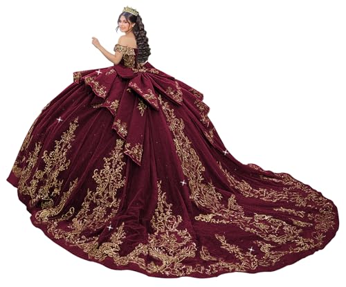 Mouccy Luxury Gold Appliques Dark Burgundy Quinceanera Dress with Train