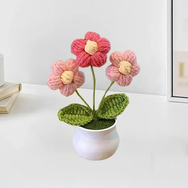 Fleurs en peluche crochetées à la main - Plantes miniatures en pot pour décoration