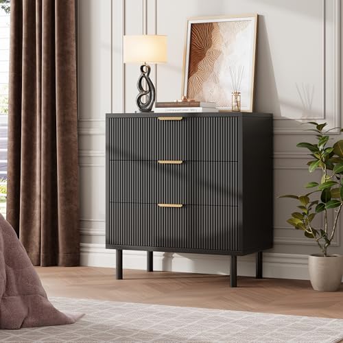 GarveeHome Black Fluted 3 Drawers Dresser, Wide Wood Chest of Drawers, Modern Storage Dresser Chest of Drawers Organizer with Metal Legs and Anti-Tipping Device for Bedroom Living Room