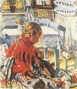 Peinture à l'huile Girl Sitting in a Room Iszak Perlmutter tableau 36x48