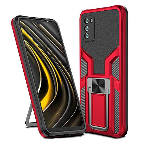 Generic Compatible for Xiaomi Poco M3 Case Military Grade Phone Case,Magnetic Sheet Two-Way Stand Shockproof Heavy Duty Protective Case, (Red)