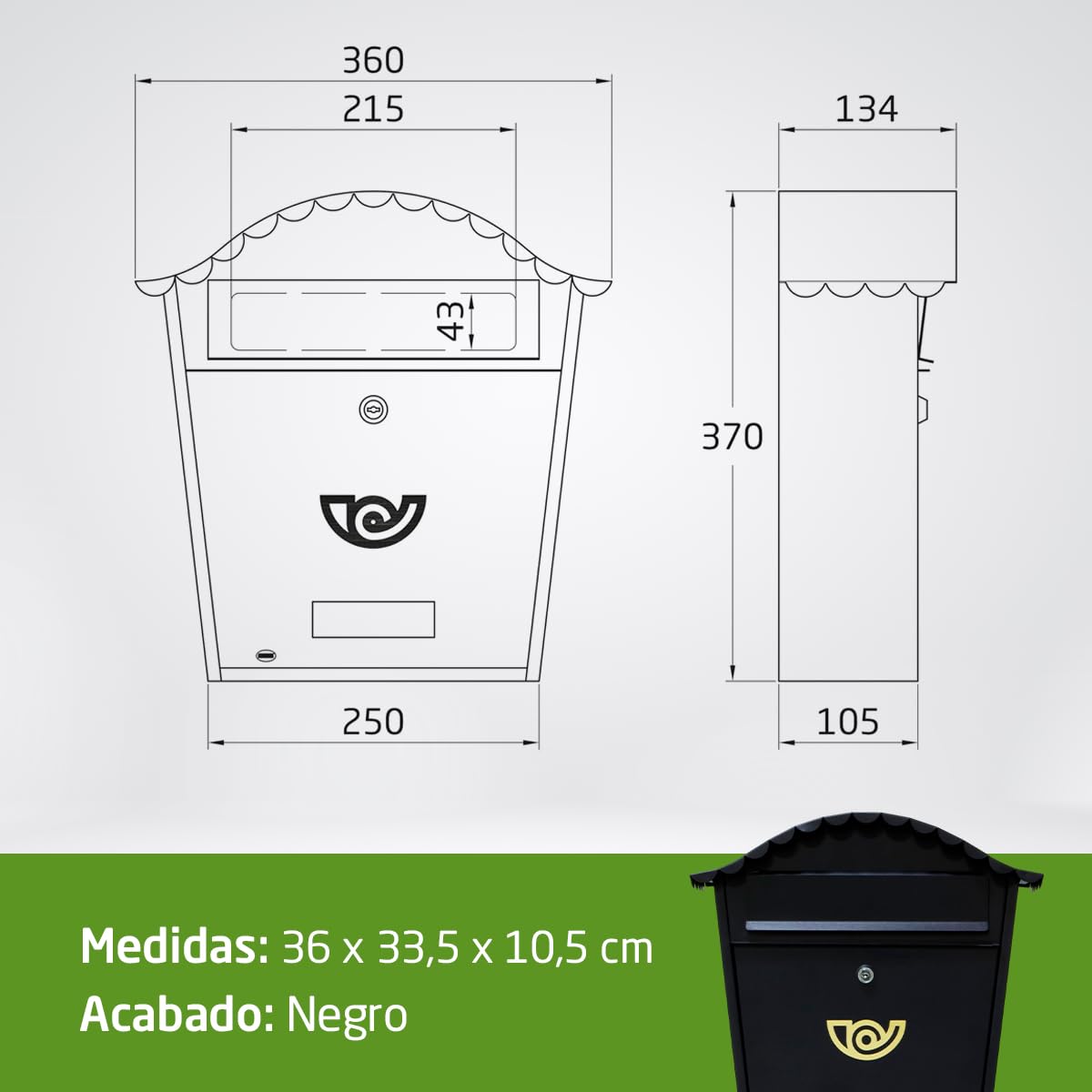Amig - Buzón Exterior de Pared - Tamaño Compacto para DIN A4 - Apertura Frontal con Cerradura - Acero - Negro - Fácil de Instalar en Puertas o Verjas - 37 x 36 x 10,5 cm