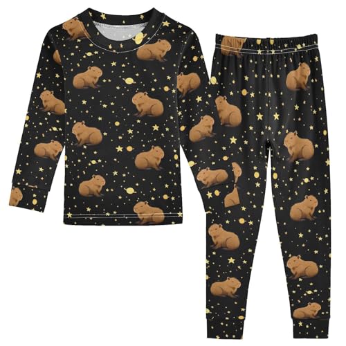 Pigsaly Pajama Set 2 Piece Yellow Stars Funny Brown Capybara Pajama Sets Long Sleeve Pjs Sleepwear 5Y