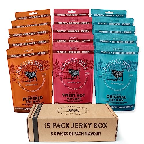 Raging Bull Beef Jerky 420g - 15 x 28g Variety Box - Mixed Flavours Grass Fed Beef Jerky - High Protein Snacks - MSG Free Carnivore Snacks - Keto Snacks - Natural Meat Beef Stips - Low Calorie Snacks - Image 3