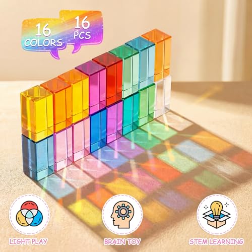 Image of Meooeck 16 Pcs Rainbow Rectangular Acrylic Blocks, Translucent Colored Gem Blocks Building Stacking Sensory Train Prims Toys for Toddler Kids Montessori School Classroom Supplies