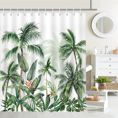 Mocsicka Tropical Palm Tree Shower Curtain Summer Tropical Palm Leaves Bathroom Shower Curtain Tropical Waterproof Fabric Shower Curtain Bathtub Decor with 12 Hooks 72 X 72 Inch