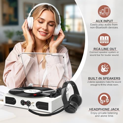Image of Vinyl Record Player with Built-in Speakers, Vintage 3-Speed Turntable, Bass /Treble Control, Headphone Jack, RCA /AUX Outputs, Belt-Driven LP Player, White