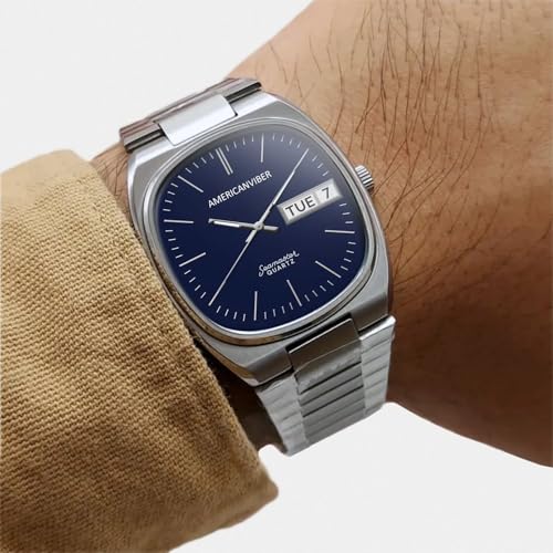 Image of AMERICANVIBER Men's Stainless Steel Classic Analog Watch, Casual & Business, with Cushion Case Dial and Day-Date Display
