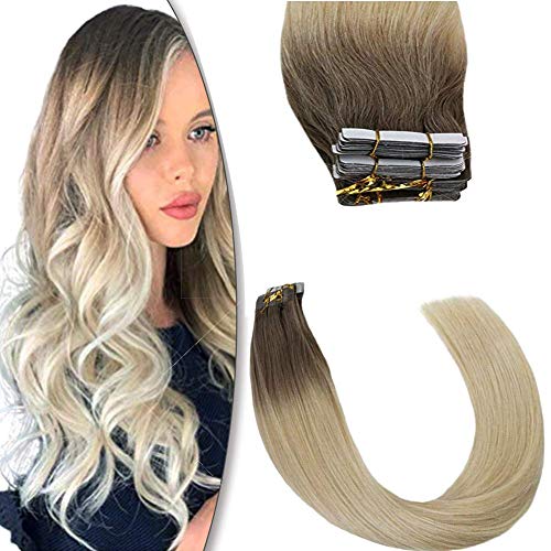 YoungSee 22inch Hair Extensions Tape in Seamless Tape Human Hair Extensions Real Tape in Extensions Adhesive Tape Hair Extensions Dark Golden Blonde to Platinum Blonde 20Pcs 50G