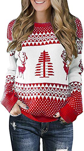 IRISGOD Womens Ugly Christmas Sweater Cute Reindeer Xmas Tree Knit Casual Long Sleeve Pullover Tops (X-Large, W-RED)