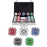 *チップ数：1点x50枚；5点x50枚；10点x50枚；25点x25枚；100点x25枚。 *付属品：チップ200枚+ケース１個+サイコロ5個+トランプ2組+ディーラー1個+鍵2本。 *ケースサイズ：幅29.5x奥行23x高さ6.5cm　　*本体重量：約3kg　　*チップ重さ：約11g/枚