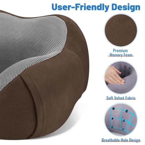 Image of CloudBliss Travel Pillow for Plane, Memory Foam Neck Pillow for Travel, Airplane Pillow with Eye Mask, Earplugs, Storage Bag, Compact Neck Pillow for Long Flight, Car & Office, Trip Essentials, Brown