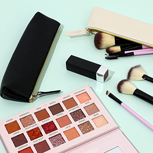 Kalione 2 Pcs Pu Leather Small Pencil Pouch, Small Pen Pencil Stationery Pouch Bag Slim Design Zipper Pencil Pouch For Pens, Pencils, Markers(Black&Beige) #TOP4