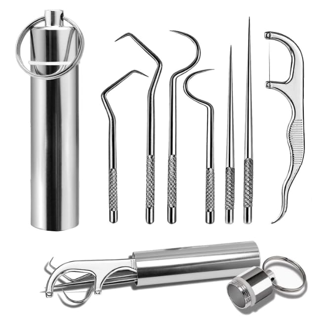 7 in 1 Piece Dental Hygiene Teeth Cleaning Pocket Set Stainless Steel Portable Oral Care Kit Tools Outdoor, Picnic, Camping Braces, Toothpicks Flosser for Traveling Pcs Tool with Holder Outdoor Camping-image-30