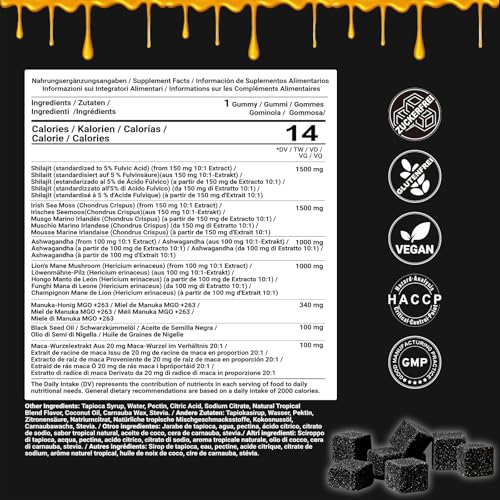 VitalVibe Shilajit Gummies - Himalaya Komplex mit Ashwagandha, Seemoos, Löwenmähne & Schwarzkümmelöl - 85+ Spurenelemente & Manuka Honig - Für Energie & Vitalität - Ohne Zuckerzusatz, Bio - 60 Stück