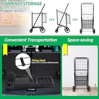 Spurgehom Grocery Cart on Wheels Folding Shopping Carts for Groceries 140L Jumbo with Removable Liner and Double Basket, 360° Rolling Laundry Cart Lightweight Trolley for Seniors 400 LBS Capacity