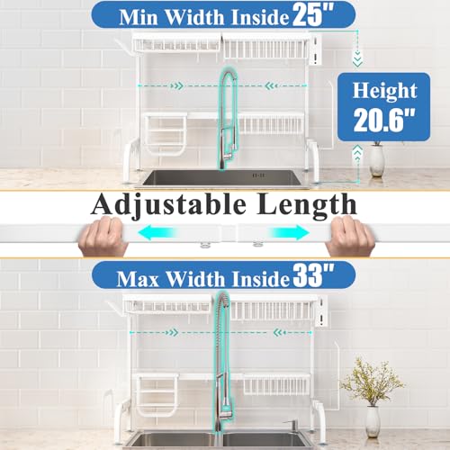 Image of Over The Sink Dish Drying Rack, Adjustable (25.5 to 33.5 Inch) 2 Tier for Kitchen Counter With Paper Towel and Cup Holder, Utensil and Chopping Board Holder, Sink Caddy Hooks, White