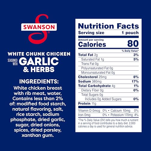 Image of Swanson Garlic and Herbs White Chunk Fully Cooked Chicken, Ready to Eat, Simple On-the-Go Meals, 2.6 OZ Pouch
