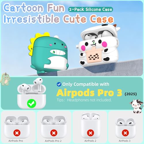 Image of [2-Pack] Cute Case for AirPods Pro 3 (2025), 3D Cartoon Funny Airpod Pro 3 Case Kawaii Design Silicone Cover Compatible for Airpods pro 3rd Generation with Keychain /Cleaner Kit (Dinosaurs + Cows)
