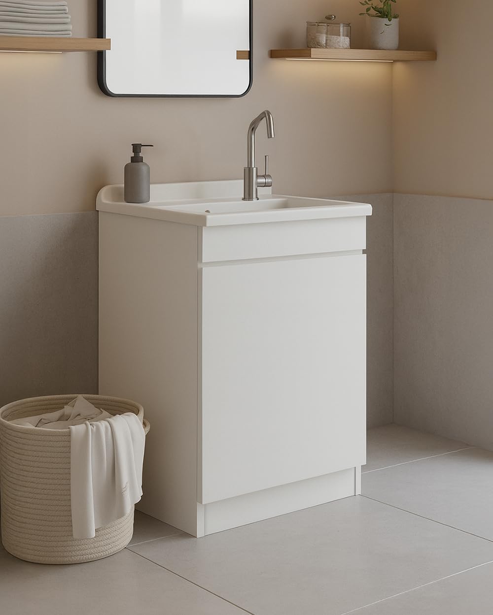 Delmar Mobile Lavatoio in Legno Nobilitato, Bianco, 45x50 cm Altezza 85 cm, Con Sportello Push e Lavabo Pila Pilozzo in Resina, Made in Italy, Già Montato per Bagno e Lavanderia