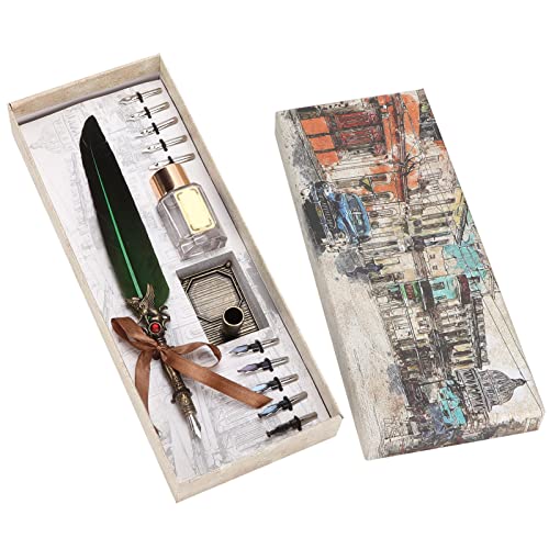 Juego de bolígrafos, traje de escritura, regalo de bolígrafo tallado con tinta creativa vintage, bolígrafo retro con 10 puntas y botella de tinta vacía, elegante juego de (verde oscuro)
