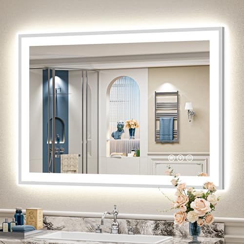 Image of 44x32 Brushed Nickel LED Bathroom Mirror with Lights, Backlit & Front-Lit, Anti-Fog, Framed Lighted Vanity Mirrors for Bathroom Wall, Dimmable, 3 Colors, Memory, Shatter-Proof, Tempered Glass