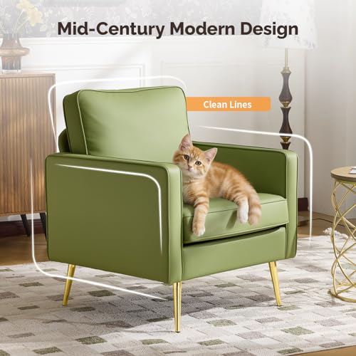 Image of VINGLI Modern Accent Chair, Upholstered Faux Leather PU Armchair with Thick Cushion & Metal Legs, Comfortable Reading Chair for Living Room, Bedroom, Office, Green