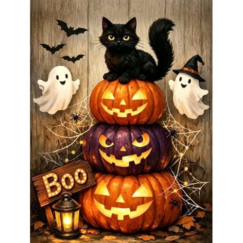 Diamond Art Painting Kits for Adults, Black Cat Pumpkin Ghost