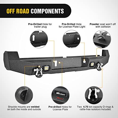 Image of Nilight Rear Step Bumper for 2016 2017 2018 2019 2020 2021 2022 2023 2024 Toyota Tacoma Full Width Pickup Truck Black Solid Steel Off-Road with 2X Upgraded 18W LED Lights D-Rings