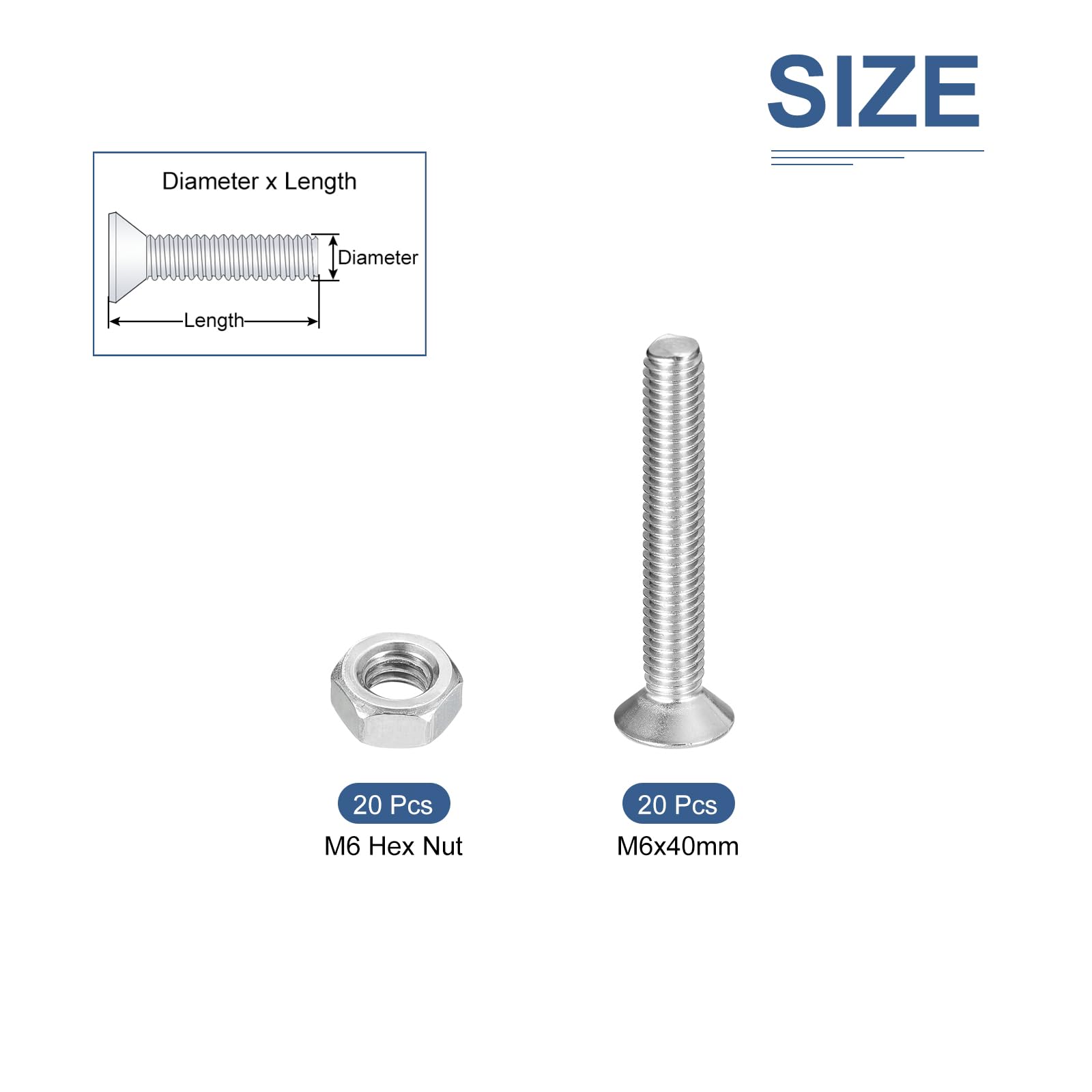 DTGN 40Pcs M6-1.0 x 40mm Flat Head Hex Socket Cap Screws Bolts Nuts Kit, 304 Stainless Steel Round Flat Metric Machine Screws - Image 2