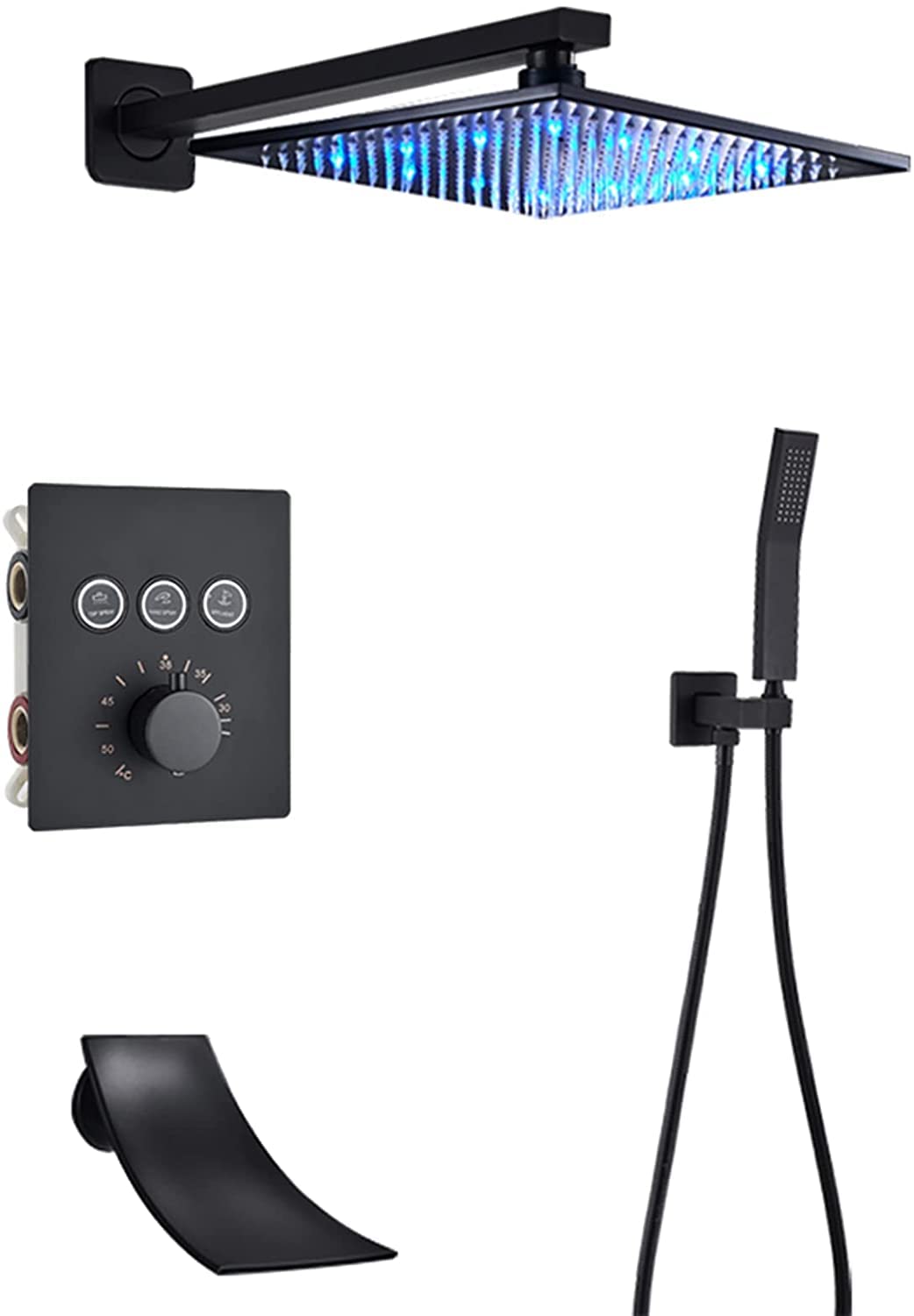 OZBMA Shower Set Concealed System Thermostatic Faucet Wall Mounted Matte Black Anti Scald with Hand and LED Rainfall Head Advanced Air Injection Technolog