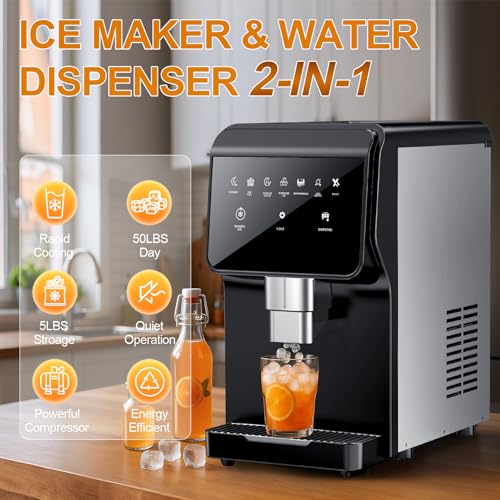 Image of Nugget Ice Maker Countertop, 50LBS /24H, 5LBS Storage, 2-in-1 Ice Maker & Water Dispenser, Soft Chewable Pellet Ice, Stainless Steel, Self-Cleaning for Home Kitchen Office Bar