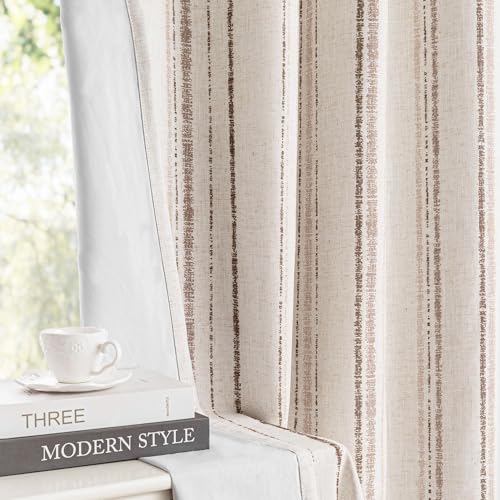 Image of MYSKY HOME Taupe Striped Curtains 63 Inches Long Full Blackout Tan Ticking Stripe Pinstripe Linen Blended Double Layer Curtains for Bedroom Farmhouse Drapes, Grommet, 2 Panels, 52 inch Wide