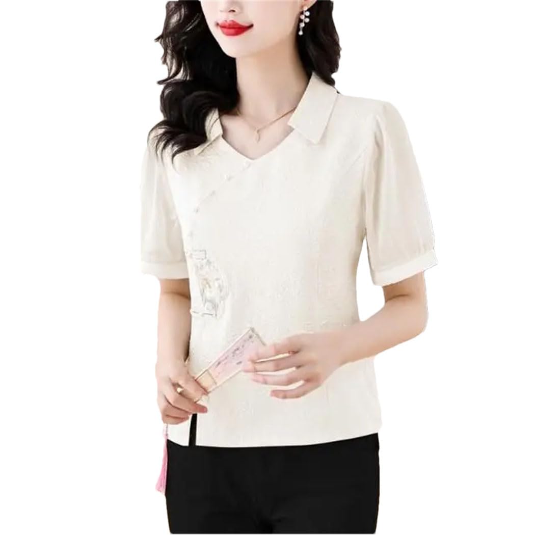 Chemisier en mousseline de soie boutonnée à manches courtes pour femme Style national d'été brodé Top