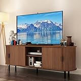 Janmer Home 63' Fluted TV Stand for 65/70 Inch, Mid Century Modern Console With Sliding Doors, Curved Gaming Entertainment Center, Media Console for Living Room, Bedroom (Walnut, 63inch-4doors)