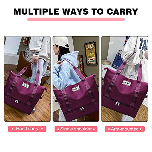 Mocare Travel Duffel Bag, Sports Gym Tote Carry On Bags For Women, Foldable Lightweight Overnight Shoulder Weekender Shopping Hospital Handbag With Shoes Compartment (Purplish Red) #TOP5