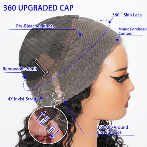 360 Lace Front Wig Human Hair Deep Wave – Pre-Cut HD Transparent Lace, Hidden Strap Glueless Wig with Drawstring, Pre-Plucked Bleached Knots, 18 Inch Wet & Wavy 180 Density for Black Women - Image 3