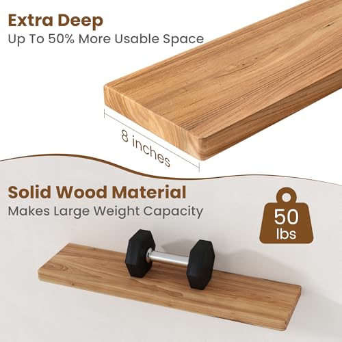 Image of Floating Shelves for Wall, 30 inchWx8 inchD Rustic Solid Elm Wood Floating Shelves Wall Mounted, Round Edge Wall Shelves with Invisible Bracket for Living Room Bathroom Bedroom Kitchen, Set of 2, Natural