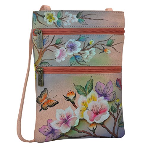 Anuschka Women’s Hand Painted Genuine Leather Mini Double Zip Travel Crossbody - Magnetic Closure, ID Holder & Optical Case