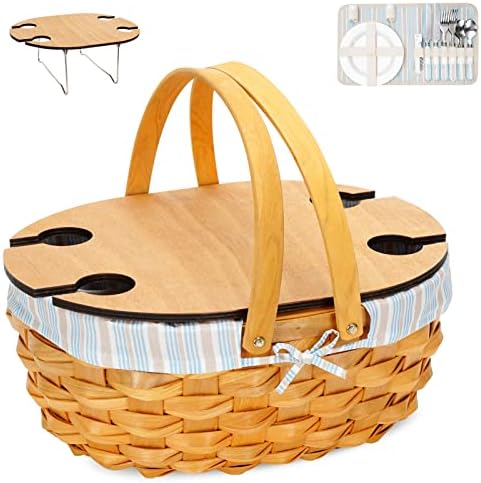 Picnic Basket for 4 with Table - Wicker Picnic Basket with Cutlery Service Kit | Willow Picnic Set for 4 Person | Woodchip Basket with Lid & Handle Basket | Easter Egg Basket | Honey