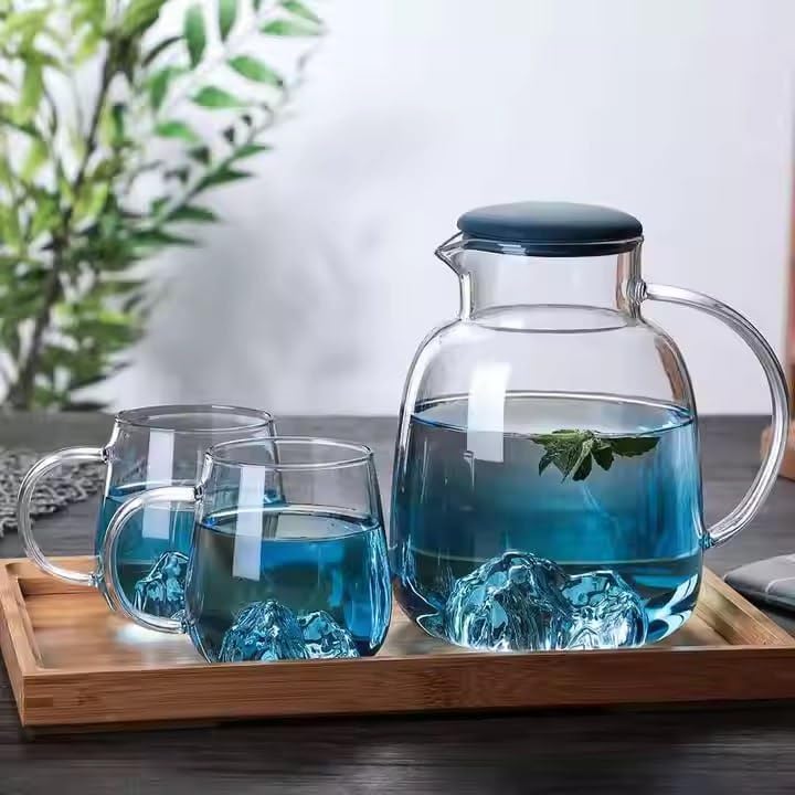 Blue Mountain Glass Pitcher Set with Lid,Handle and Spout, Stovetop & Microwave Safe Tea Pot Jug Carafe for Hot and Iced Water, Homemade Juice, Cold Tea, Milk, Wine and Coffee 1800ml