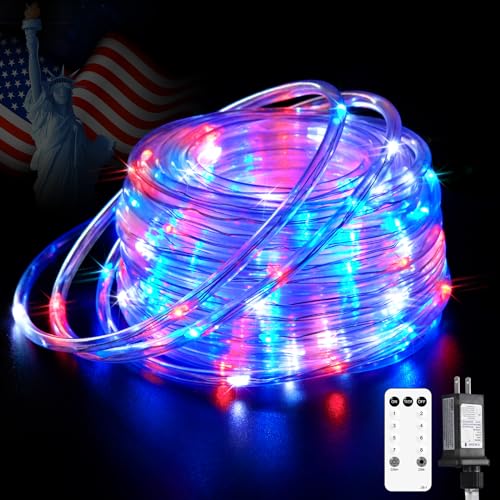 JMEXSUSS Red White and Blue Rope Lights Plug in 200 LED 66 FT Rope Lights for 4th of July Decorations Patriotic Lights Outdoor Indoor Waterproof for Independence Day