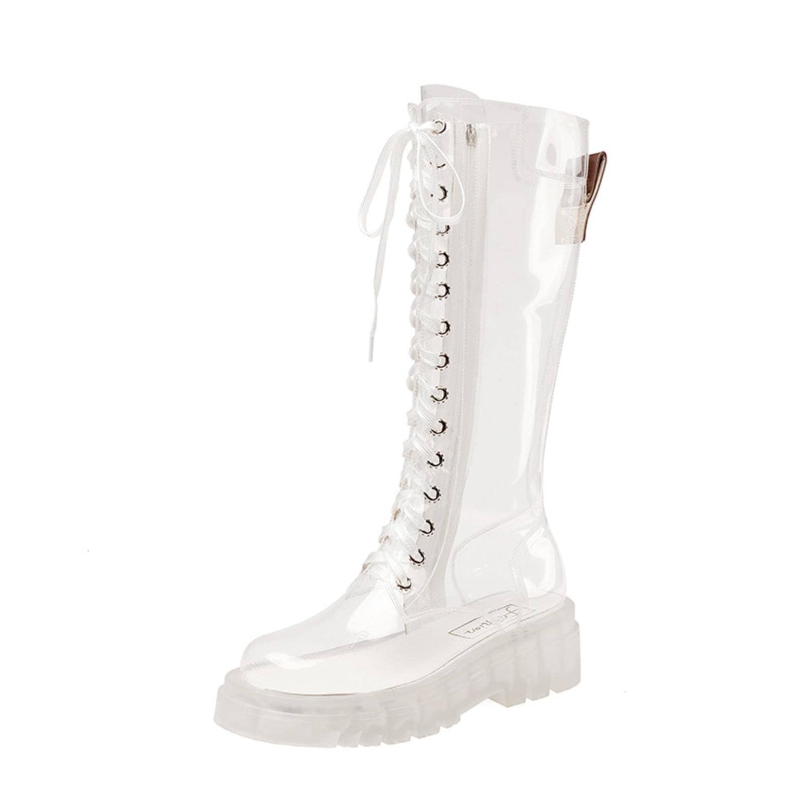 Womens New Lace Up Transparent Boots Womens Pvc Leather Thick