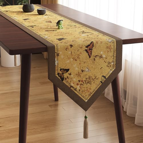 Chemin de table imperméable en coton lin papillon imprimé marron 160cm - 2