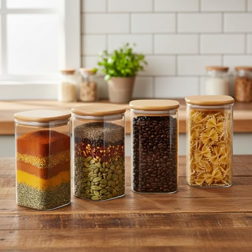 Image of ginoya brothers Airtight Borosilicate Glass Square Jar With Wooden Or Steel Lid Multi-Size, Container for Spices, Coffee, Grains, Snacks & Kitchen Organization (2, WOODEN LID, 420 ML)