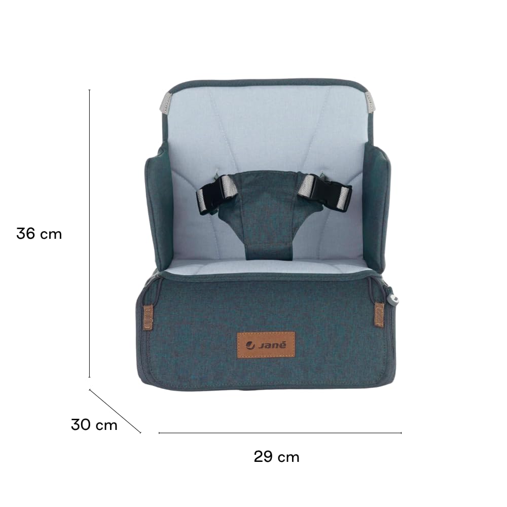 Jané Booster Seat Asiento Elevador Bebé, Trona Portátil de Viaje con Compartimento, Fijación Segura, Hasta 15 kg, Azul