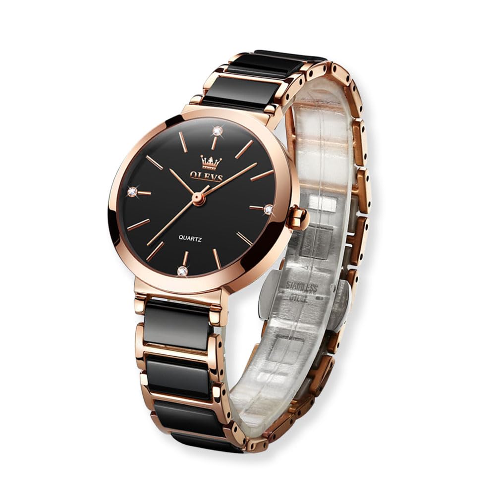 Damenuhr, Roségold Keramik Edelstahl-Uhr, 30mm Kleines Zifferblatt | Minimalistische analoge Quarzuhr, wasserbeständig, für schmale Handgelenke, Schwarz & Weiß – elegantes Geschenk für Damen