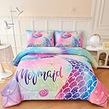 ZRNBAST 3 Pcs Queen Size Meimaid Tail Comforter Set for Women Girls Pink Blue Yellow Tie-dye Bedding Set Fish Scale Glitter Star Gradient Bed Comforter for All Season(Queen, Rainbow)