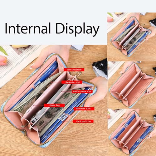 Large Womens Wallet with Removable Wrist Strap and Zipper, Wristlet Wallet Women Fashion Women's Wallets Multi Card Slot (Flower, Blue)3