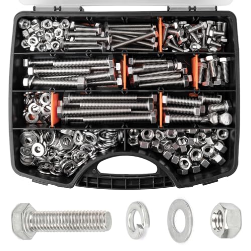 Image of VIGRUE 405PCS Hex Bolts Assortment Kit 1 /4-20 5 /16-18 3 /8-16 Heavy Duty Bolts Screws Nuts Flat Spring Washers Assorted, Includ 3 inch Long Bolts, 14 SAE Sizes Length 3 /4 inch to 3 inch, 304 Stainless Steel